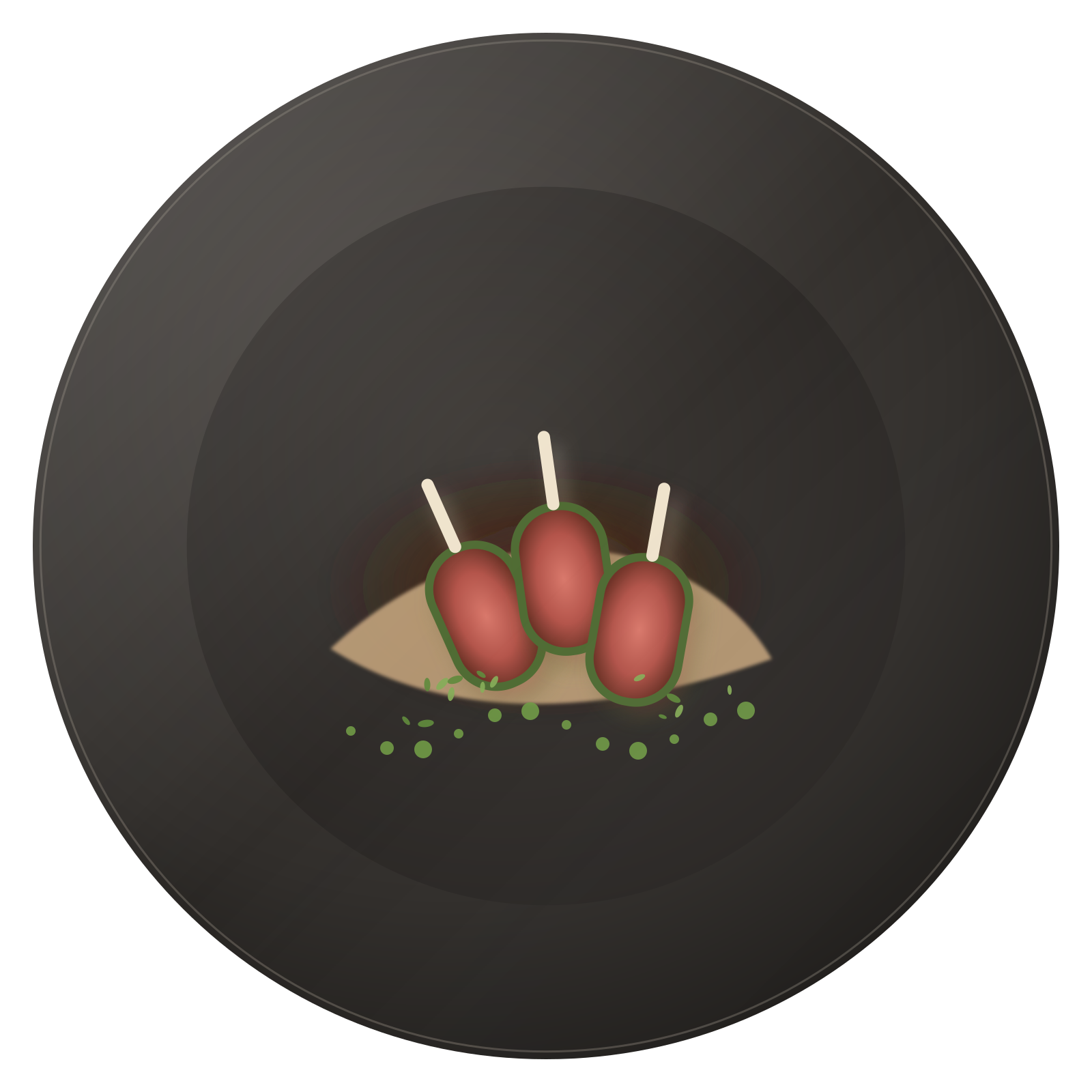 Herb-crusted lamb cutlets over smoked aubergine on a charcoal plate (placeholder image)