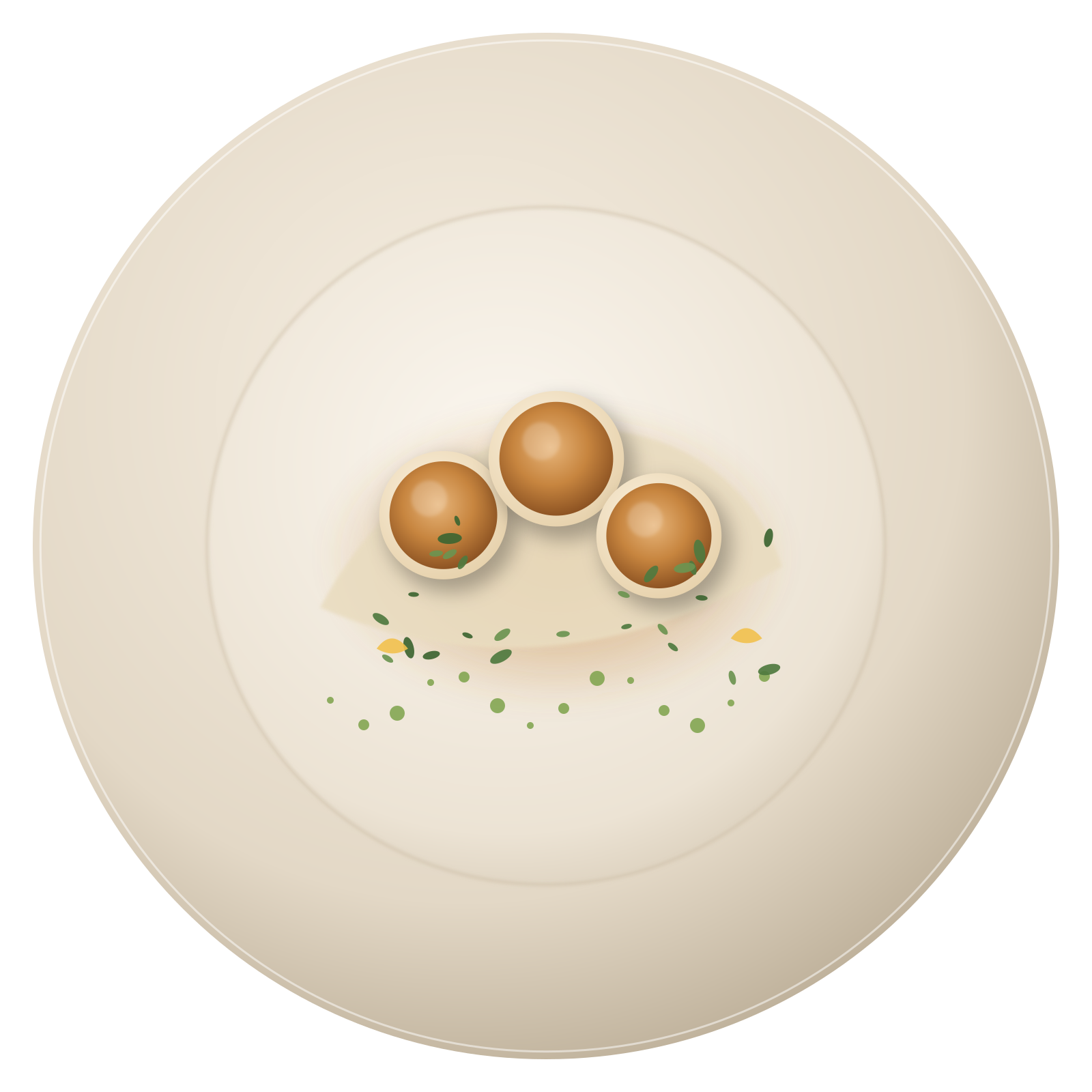 Seared scallops with brown butter and herbs on an ivory plate (placeholder image)