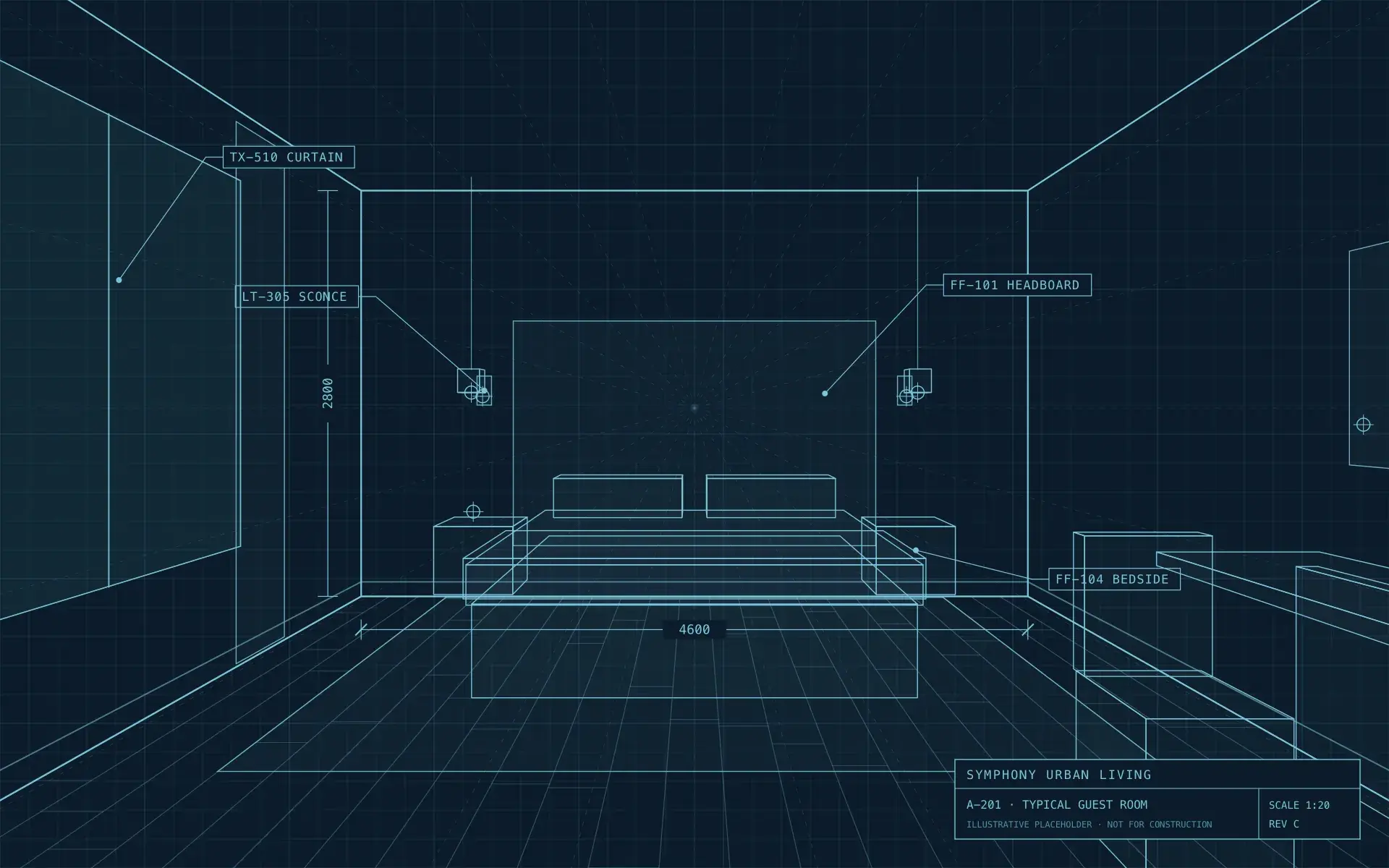 Guest room, design drawing in blueprint linework (illustrative placeholder render)